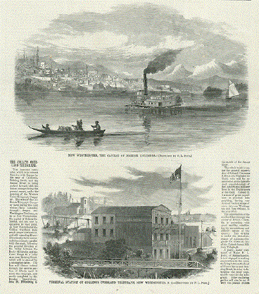 Upper image: New Westminster, the Capital of British Colombia.Lower image: Terminal Station of Collin´s Overland Telegraph, New Westminster, B.C.