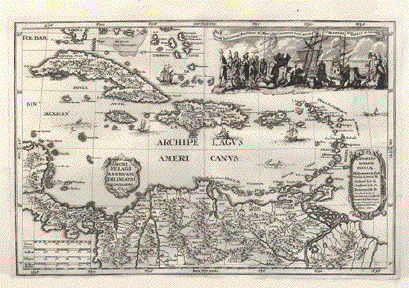 Caribbean Map - Harum Insularum Fructibus ac Mere ibus onerant suas naves Hispani Galli & Angli