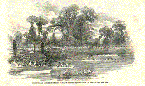The Oxford and Cambridge Eight-Oared Boat Race. - Sketched Between Putney and Mortlake